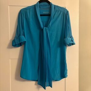 Alice & Olivia Silk Bow Blouse Bright Turquoise Blue. 3/4 tab sleeve medium